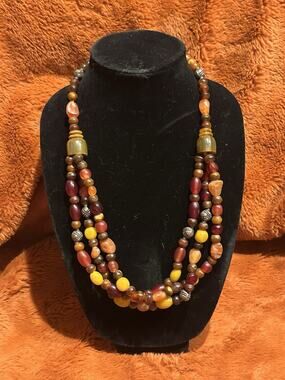 Vintage 3 Strand Stunning Beaded Necklace Boho Chunky Retro Amber Yellow Brown